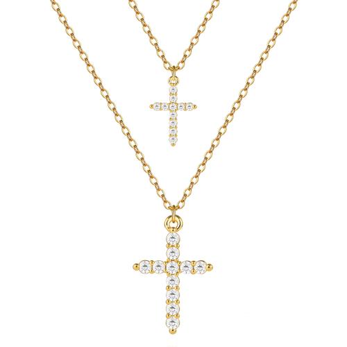 Collier en laiton, croix, Plaqué d'or 14K, Double couche & bijoux de mode & pour femme & avec strass, protéger l'environnement, sans nickel, plomb et cadmium, Vendu par PC