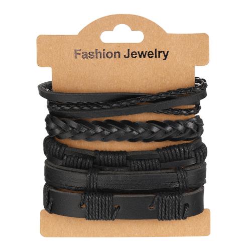 PU Leather Cord Bracelets handmade 5 pieces & fashion jewelry & for man black Sold By Set