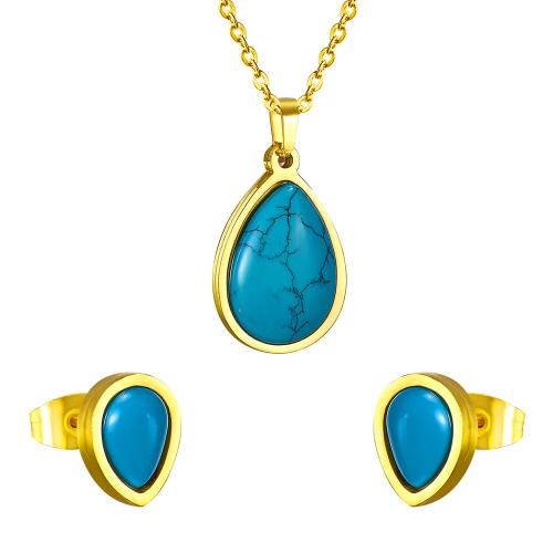 304 roestvrij staal Sieraden set, Stud Oorbel & halsketting, met Synthetische Turquoise, plated, 2 stuks & verschillende stijlen voor de keuze & voor vrouw, Lengte Ca 17.7 inch, Verkocht door Stel