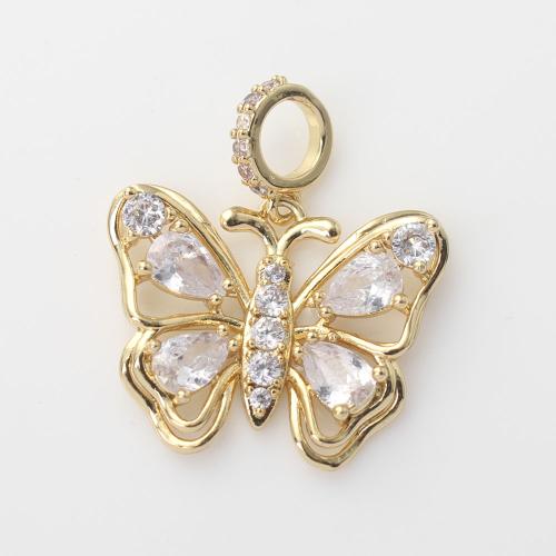 Pendentifs en laiton zircon cubique (CZ), papillon, Placage de couleur d'or, DIY & pavé de micro zircon, protéger l'environnement, sans nickel, plomb et cadmium, 14.70x15.40x6.50mm, Vendu par PC