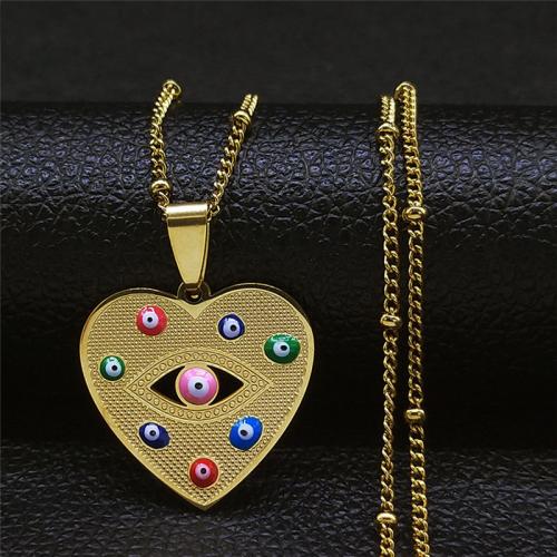 Collier Evil Eye bijoux, Acier inoxydable 304, coeur, poli, bijoux de mode & unisexe & émail, doré, 25x26mm, Longueur Environ 50 cm, Vendu par PC