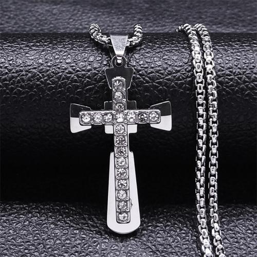 Stainless Steel Jewelry Necklace 304 Stainless Steel Cross polished fashion jewelry & Unisex & with rhinestone silver color Length Approx 50 cm Sold By PC