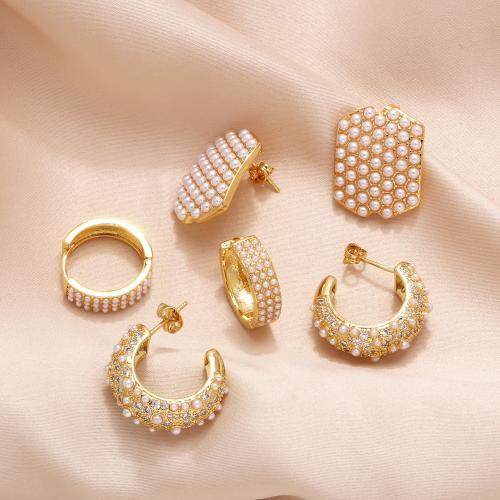 Brass Stud Earring with Plastic Pearl plated fashion jewelry golden nickel lead & cadmium free Sold By Pair