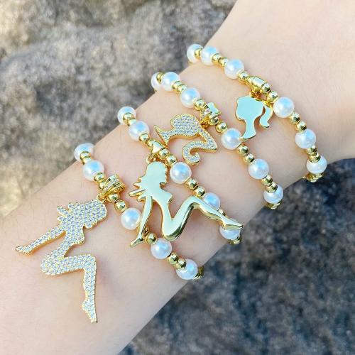 Cubic Zirconia Micro Pave Brass Bracelet with Plastic Pearl plated fashion jewelry & micro pave cubic zirconia golden nickel lead & cadmium free Sold By PC