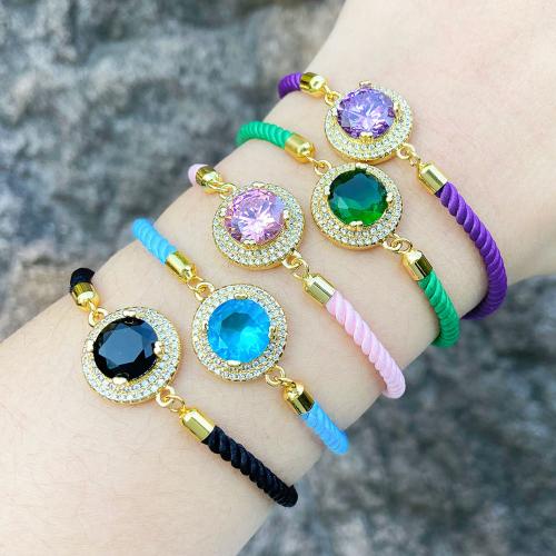 Bracelet cubique en laiton zircon pavent, avec corde en nylon, Placage, bijoux de mode & pavé de micro zircon, plus de couleurs à choisir, protéger l'environnement, sans nickel, plomb et cadmium, Longueur 22 cm, Vendu par PC