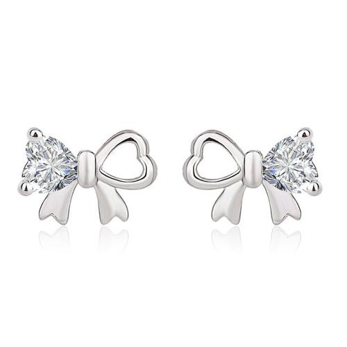 Kubinių Zirconia Mikro Pave Žalvario auskarai, Žalvarinis, Bowknot, padengtą, mikro nutiesti kubinių Zirconia & moters, platinos spalva, 7x9mm, Pardavė Pora