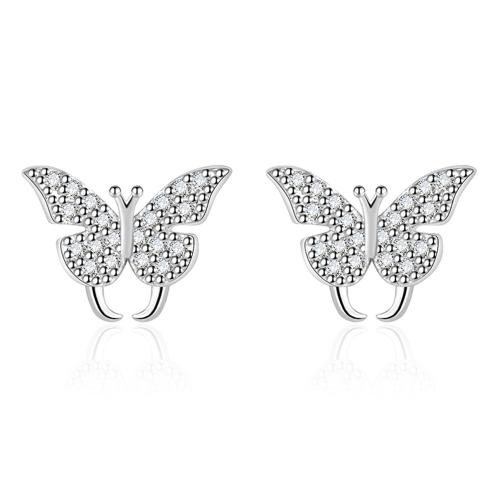 Terningformet Zirkon Micro Pave Messing Øreringe, Butterfly, forgyldt, Micro Pave cubic zirconia & for kvinde, platin farve, 8x11mm, Solgt af par