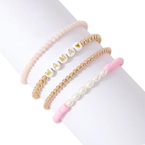 Zinc Alloy Armband-Set, met Polymer Clay & Kristal & Hars & Plastic Pearl, gold plated, 4 stuks & Mother Day Jewelry & voor vrouw, meer kleuren voor de keuze, Binnendiameter:Ca 50mm, Verkocht door Stel