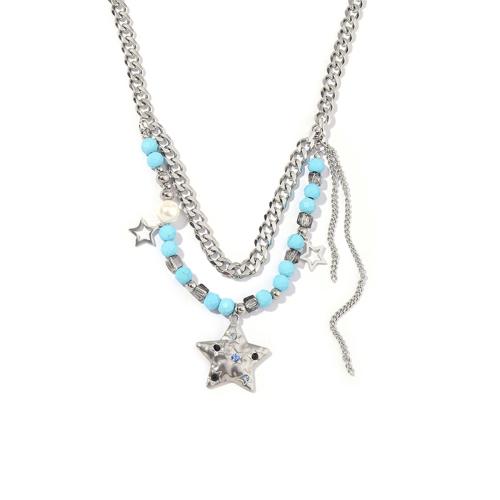 Collier d'acier titane, avec turquoise synthétique & cristal, étoile, bijoux de mode & pour femme & avec strass, couleurs mélangées, Longueur Environ 41.5-48 cm, Vendu par PC