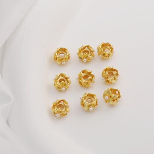 Zinek Spacer Beads, s Plastové Pearl, Květina, barva pozlacený, DIY, nikl, olovo a kadmium zdarma, 7x4mm, Prodáno By PC