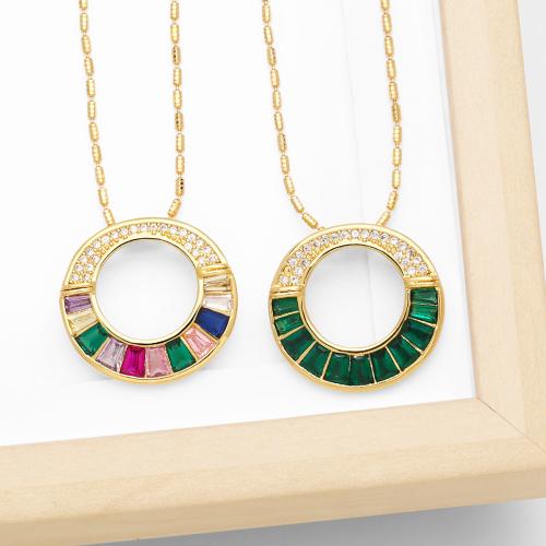 Collier en laiton cubique Zircon Micro Pave, avec 5cm chaînes de rallonge, Rond, Placage, bijoux de mode & pavé de micro zircon, plus de couleurs à choisir, protéger l'environnement, sans nickel, plomb et cadmium, 22x21mm, Longueur 42 cm, Vendu par PC