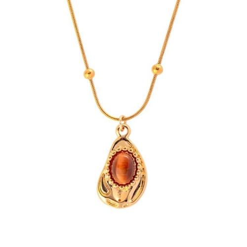 Collier chaîne chandail , Acier titane, avec oeil de tigre, bijoux de mode & pour femme, doré, Longueur Environ 50 cm, Vendu par PC