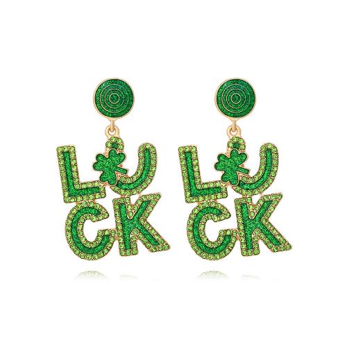 Pendientes de Perno de Aleación de Zinc, Carta del alfabeto, para mujer & esmalte & con diamantes de imitación, verde, libre de níquel, plomo & cadmio, 53x30mm, Vendido por Par