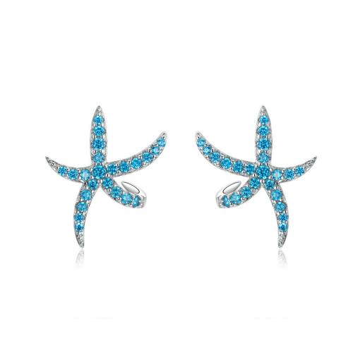 Ciúbach Zirconia Micrimhilseogra réiteach Sterling Silver Earring, 925 Sterling Silver, Starfish, plátáilte, micrea réiteach zirconia ciúbach & do bhean, dath platanam, 16x19mm, Díolta De réir Péire