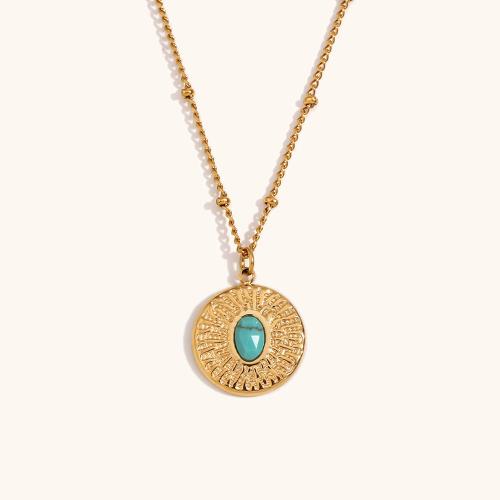 Collier de bijoux en acier inoxydable, acier inoxydable 316L, avec turquoise, Plaqué or 18K, bijoux de mode & pour femme, doré, 15.50x17.70mm, Vendu par Environ 40 cm brin