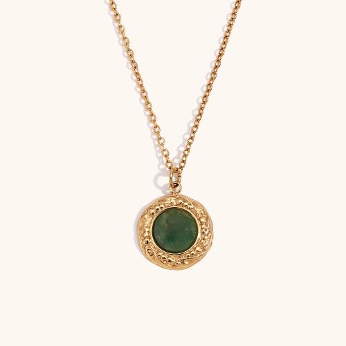 Collier de bijoux en acier inoxydable, acier inoxydable 316L, avec aventurine vert, avec 5cm chaînes de rallonge, Plaqué or 18K, bijoux de mode & pour femme, doré, 18.70x14.40mm, Vendu par Environ 40 cm brin