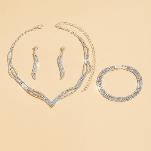 Brass κοσμήματα Set, Σκουλαρίκι stud & βραχιόλι & κολιέ, Ορείχαλκος, τρία κομμάτια & κοσμήματα μόδας & για τη γυναίκα & με στρας, ασήμι, νικέλιο, μόλυβδο και κάδμιο ελεύθεροι, Sold Με PC