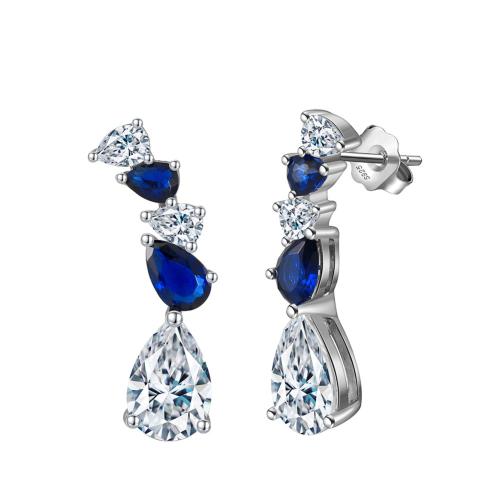 Ciúbach Zirconia Micrimhilseogra réiteach Sterling Silver Earring, 925 Sterling Silver, le Sapphire, plátáilte, micrea réiteach zirconia ciúbach & do bhean, dath platanam, 23.50mm, Díolta De réir Péire