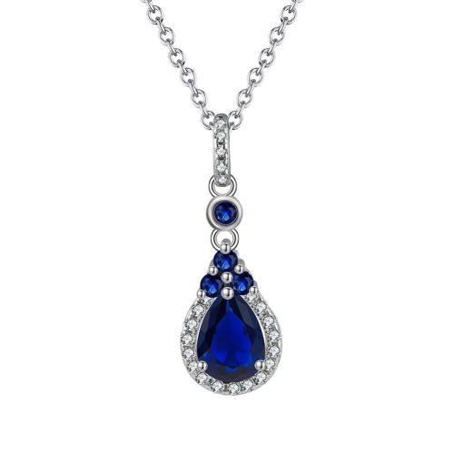 Kubieke Zircon Micro effenen Sterling zilveren ketting, 925 Sterling Zilver, met Saffier, plated, micro pave zirconia & voor vrouw, platina kleur, Lengte Ca 45 cm, Verkocht door PC