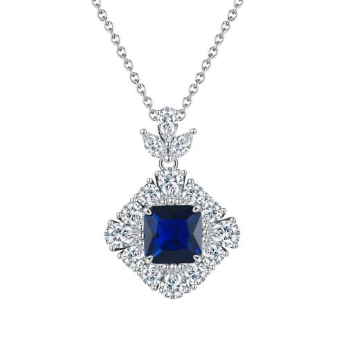 Kubieke Zircon Micro effenen Sterling zilveren ketting, 925 Sterling Zilver, met Saffier, plated, micro pave zirconia & voor vrouw, platina kleur, Lengte Ca 45 cm, Verkocht door PC