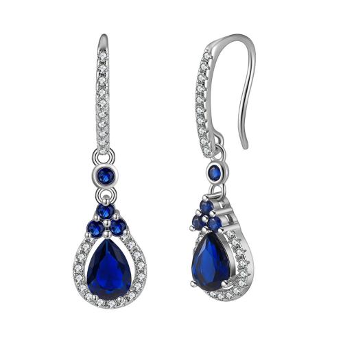 Cubic Zirconia micro pavimenta Sterling Silver Earring, 925 argento sterlina, with Zaffiro, placcato, Micro spianare cubic zirconia & per la donna, color platino, 31mm, Venduto da coppia