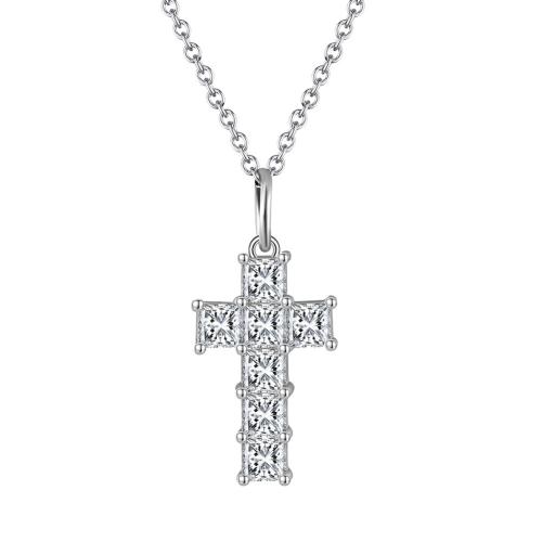 Cubic Zircon Micro bana Sterling Silver Halsband, 925 Sterling Silver, Cross, plated, micro bana cubic zirconia & för kvinna, platina färg, Längd Ca 45 cm, Säljs av PC