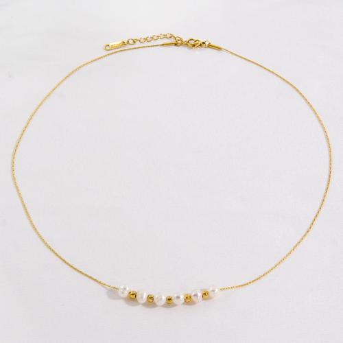 Collar de acero inoxidable de la joyería, acero inoxidable 304, con Perlas cultivadas de agua dulce, con 5cm extender cadena, para mujer, Blanco, longitud aproximado 41 cm, Vendido por UD