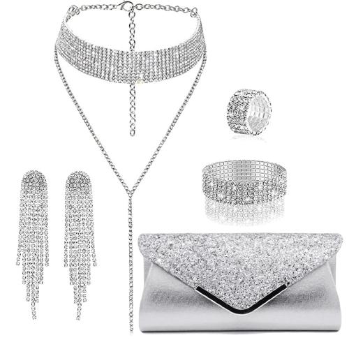 Zinklegering Sieraden Sets, vinger ring & armband & oorbel & halsketting, Zinc Alloy, silver plated, voor vrouw & met strass, nikkel, lood en cadmium vrij, Verkocht door Stel