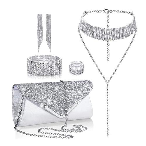 Zink Alloy Jewelry Sets, finger ring & armband & örhänge & halsband, med Duk, silver pläterad, 5 stycken & för kvinna & med strass, nickel, bly och kadmium gratis, Säljs av Ställ