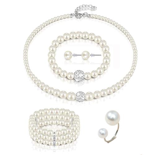 Zink Alloy Jewelry Sets, Stud Örhänge & finger ring & armband & halsband, med Plast Pearl, silver pläterad, 6 stycken & för kvinna & med strass, vit, nickel, bly och kadmium gratis, Säljs av Ställ