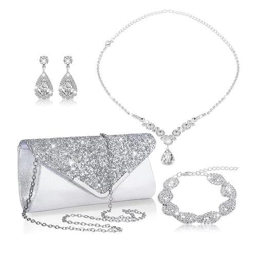 Zinklegering Sieraden Sets, armband & oorbel & halsketting, Zinc Alloy, met Doek, silver plated, 4 stuks & voor vrouw & met strass, nikkel, lood en cadmium vrij, Verkocht door Stel