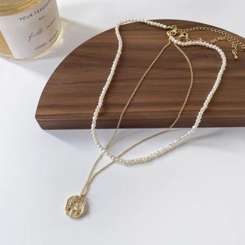 Colar de pérolas de plástico, cobre, with Concha de resina, with 6cm extender chain, cromado de cor dourada, Camada Dupla & joias de moda & para mulher, níquel, chumbo e cádmio livre, comprimento Aprox 36 cm, Aprox 40 cm, vendido por PC