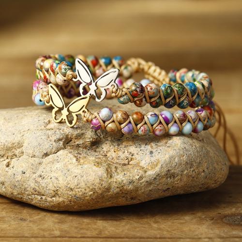 Bracelets de pierres précieuses, Jaspe d'impression, avec corde de cire, papillon, fait à la main, bijoux de mode & pour femme, plus de couleurs à choisir, Longueur Environ 16-26 cm, Vendu par PC