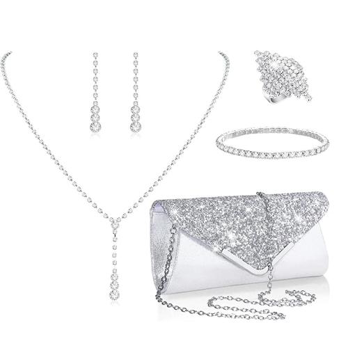 Zink Alloy Jewelry Sets, finger ring & armband & örhänge & halsband, med Duk, silver pläterad, 5 stycken & för kvinna & med strass, nickel, bly och kadmium gratis, Säljs av Ställ