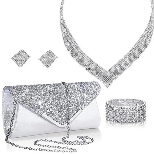 Zink Alloy Jewelry Sets, bangleskjorta & örhänge & halsband, med Duk, silver pläterad, 4 stycken & för kvinna & med strass, nickel, bly och kadmium gratis, Säljs av Ställ