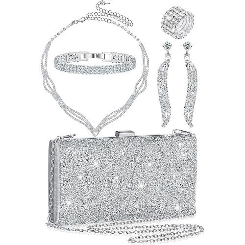 Zink Alloy Jewelry Sets, finger ring & armband & örhänge & halsband, med Duk, silver pläterad, 5 stycken & för kvinna & med strass, nickel, bly och kadmium gratis, Säljs av Ställ