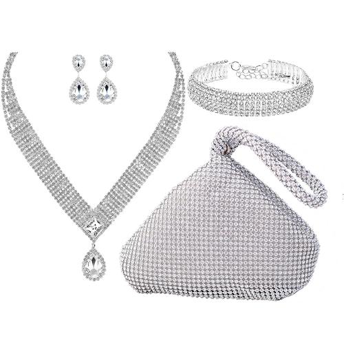 Set gioielli in lega di zinco, Bracciale & orecchino & Collana, lega in zinco, with vestito, placcato color argento, 4 pezzi & per la donna & con strass, assenza di nichel,piombo&cadmio, Venduto da set