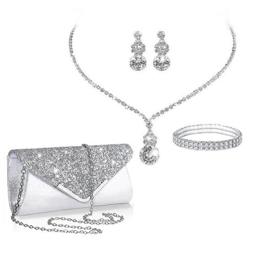 Set gioielli in lega di zinco, Bracciale & orecchino & Collana, lega in zinco, with vestito, placcato color argento, 4 pezzi & per la donna & con strass, assenza di nichel,piombo&cadmio, Venduto da set