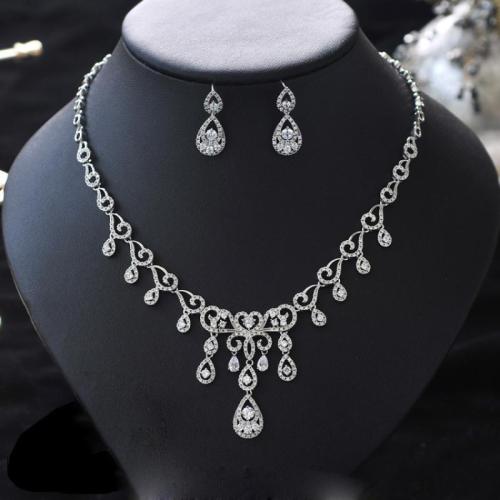 Cubic Zirconia Micro effenen koperen sieraden Sets, Stud Oorbel & halsketting, Messing, 2 stuks & mode sieraden & micro pave zirconia & voor vrouw, zilver, nikkel, lood en cadmium vrij, Lengte Ca 42 cm, Verkocht door Stel