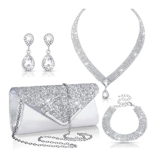 Set gioielli in lega di zinco, Bracciale & orecchino & Collana, lega in zinco, with vestito, placcato color argento, 4 pezzi & per la donna & con strass, assenza di nichel,piombo&cadmio, Venduto da set