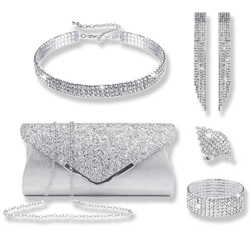 Zink Alloy Jewelry Sets, finger ring & armband & örhänge & halsband, med Duk, silver pläterad, 5 stycken & för kvinna & med strass, nickel, bly och kadmium gratis, Säljs av Ställ