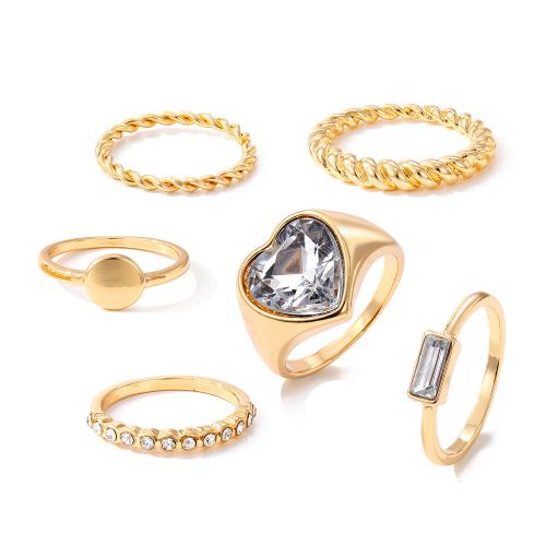 Zinklegering Ring Set, Zinc Alloy, 6 stuks & voor vrouw & met strass, goud, Verkocht door Stel