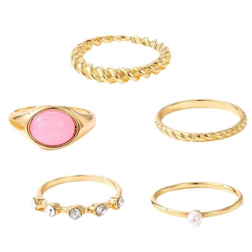 Zinc Alloy Ring Set with Resin & Plastic Pearl 5 pieces & for woman & with rhinestone golden Sold By Set