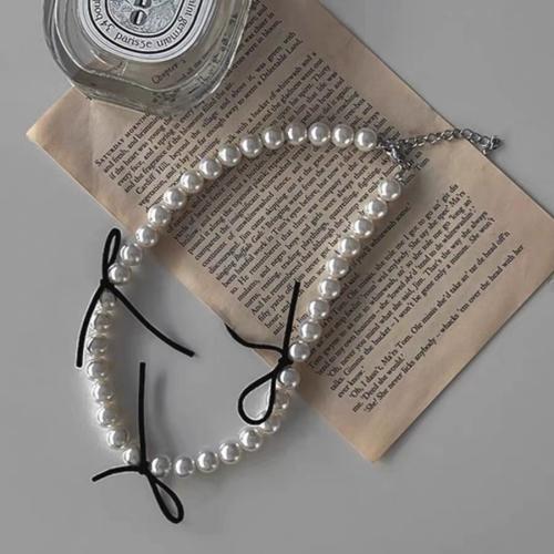 Mode Collier Choker, perle de plastique, avec Velveteen, avec 6cm chaînes de rallonge, fait à la main, bijoux de mode & pour femme, blanc, Longueur Environ 34 cm, Vendu par PC