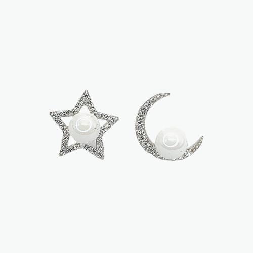 Kubinių Zirconia Mikro Pave sidabro auskarai, 925 sidabro, su Shell Pearl, Mėnulis ir Zodiako, Bižuterijos & įvairių stilių pasirinkimas & mikro nutiesti kubinių Zirconia & moters, nikelio, švino ir kadmio nemokamai, Pardavė Pora