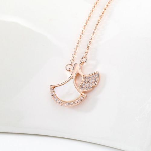 Kubieke Zircon Micro effenen Sterling zilveren ketting, 925 sterling zilver, met Schelp, met 5cm extender keten, Ginkgo Leaf, mode sieraden & micro pave zirconia & voor vrouw, meer kleuren voor de keuze, nikkel, lood en cadmium vrij, Lengte Ca 40 cm, Verkocht door PC