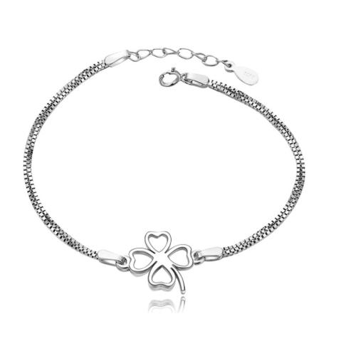 Sterling Silver Βραχιόλια, 925 ασημένιο ασήμι, με 3cm επεκτατικού αλυσίδας, Four Leaf Clover, Διπλό επίπεδο & κοσμήματα μόδας & για τη γυναίκα, νικέλιο, μόλυβδο και κάδμιο ελεύθεροι, Μήκος Περίπου 15 cm, Sold Με PC