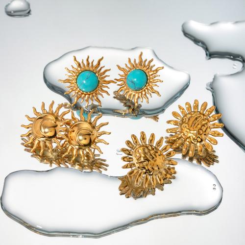 Roestvrij staal Stud Earrings, 304 roestvrij staal, met Synthetische Turquoise, Zon, plated, mode sieraden & verschillende ontwerpen voor de keuze, gouden, Verkocht door pair