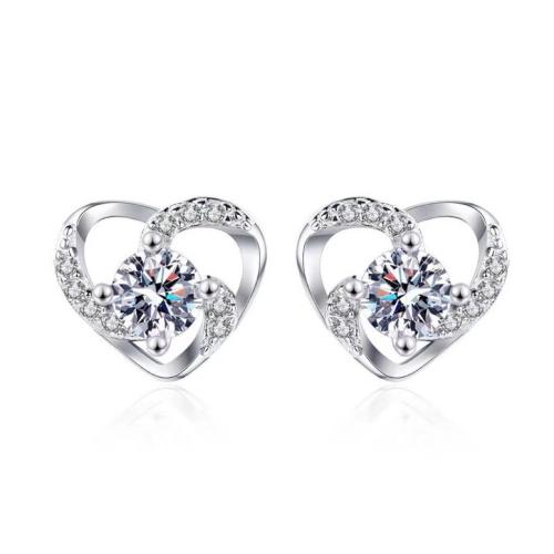 Cubic Zirconia micro pavimenta Sterling Silver Earring, 925 argento sterlina, Cuore, Micro spianare cubic zirconia & per la donna, color platino, 11x9.50mm, Venduto da coppia