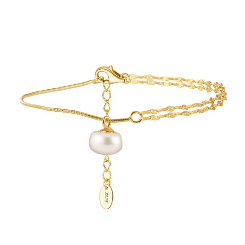 Pulseiras de prata, 925 prata esterlina, with Pérolas de água doce, with 5CM extender chain, para mulher, dourado, comprimento Aprox 16.5 cm, vendido por PC